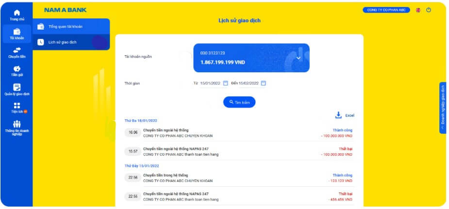 bước 1 Xem lịch sử giao dịch ngân hàng Nam Á Bank trên website